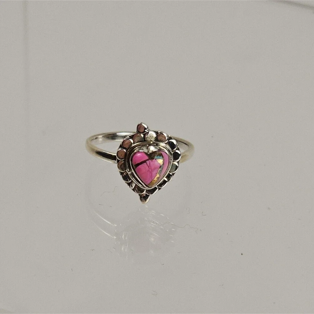 Cotton Candy Dahlia 925 Sterling Silver Pink Turquoise Heart Ring Southwestern